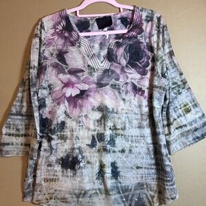 French Bleu Floral Print V Neck 3/4 Sleeve Tunic Top Women's Size L